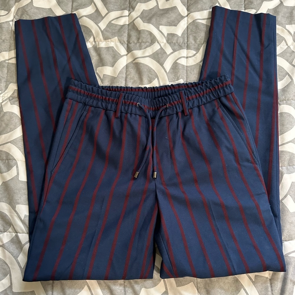 Striped Navy Burgundy Dress Slim Fit Slacks Pants Joggers